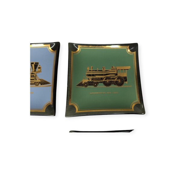 Vintage Houze Art Curved Glass Trays w/ Locomotives Train Railroad 3.5" X 3.5" - Picture 3 of 14